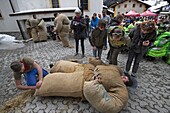 Switzerland, Valais, Evolene valley, Evolene, Carnaval with the Empailles and the Peluches who come from Pagan rites and go around the villages to frighten the bad spirits of winter