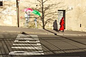 France, Paris, street art, facade Parapluie (Umbrella) by the group of artists Le Mouvement in rue du Moulin des Pres (Moulin des Pres street)