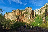 Spain, Andalusia, Malaga Province, Ronda, white villages road (Ruta de los Pueblos Blancos), perched village on a rocky spur and the Puente Nuevo (New Bridge)