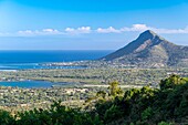 Mauritius, Riviere Noire district, Chamarel, panorama over the lagoon and Tourelle de Tamarin