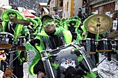 Switzerland, Valais, Evolene valley, Evolene, Carnaval with the Empailles and the Peluches who come from Pagan rites and go around the villages to frighten the bad spirits of winter, Guggenmusic group