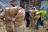 Switzerland, Valais, Evolene valley, Evolene, Carnaval with the Empailles and the Peluches who come from Pagan rites and go around the villages to frighten the bad spirits of winter