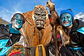 Switzerland, Valais, Lotschental valley, Wiler, Tschaggatta Carnival, costumes are made from animal skins, wooden masks and horse hair