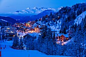 France, Savoie, Tarentaise valley, Meribel in the heart of Les Trois Vallees (The Three Valleys), Vanoise Massif, La Chaudanne with a view of the Mont Jovet (2558m), Tarentaise valley