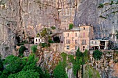 France, Var, Plan d'Aups Sainte Baume, Sainte Baume massif, the cave sanctuary of Sainte Marie-Madeleine (St. Mary Magdalene) (aerial view)