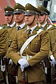 Chile, Los Lagos region, archipelago of Chiloe, Quinchao Island, Curaco de Velez, police carabineros parade in the small town for the feast of his greatest hero Rear Admiral Galvarino Riveros Cardenas