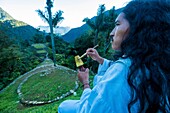 Colombia, Sierra Nevada de Santa Marta, Tayrona Park, trek of the Lost City, registered World Heritage by UNESCO, Celso the wiwa mamo with his poporo