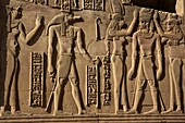 Ägypten,Oberägypten,Niltal,Kom Ombo,Flachrelief mit der Darstellung des Krokodilgottes Sobek und des Pharaos an einer Wand des Tempels von Kom Ombo