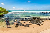 Ecuador, Galapagos archipelago, listed as World Heritage by UNESCO, Isabela Island (Albemarie), Couple observing the Galapagos marine iguanas (Amblyrhynchus cristatus) on the beach