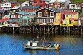 Chile,Region Los Lagos,Insel Chiloé,Stadt Castro,hölzerne Fischerhäuser auf Stelzen,so genannte Palafitos,in der Mündung des Flusses Gamboa,Muschelfischerboot