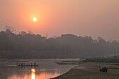 Nepal, Chitwan National Park, tourists crossing the Rapti river on a pirogue at sunset