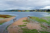 Chile, Los Lagos region, Chiloé Island, Castro District, Rilan Peninsula, San José Municipality, Tierra Chiloé hotel, riders in the estuary (aerial view)