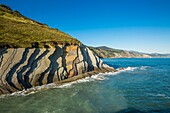 Spain, Basque Country, Guipuzcoa, Zumaia, UNESCO Flysch Geopark, or Basque coastal flat, with stratotypes dating back millions of years