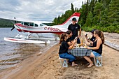 Canada, Province of Quebec, Mauricie Region, Hydravion Aventure, Air Excursion on Lake Sorcier North of Saint-Michel-des-Saints, Picnic on a Sandy Beach on the Edge of Forest on One of the Lake Islands