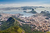 Brazil, state of Rio de Janeiro, city of Rio de Janeiro, Corcovado hill, Carioca landscapes between the mountain and the sea classified UNESCO World Heritage, elevated view of Guanabara Bay and Sugar Loaf