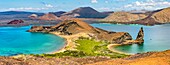 Ecuador, Galapagos Archipelago, listed as World Heritage by UNESCO, Bartolomé Island, panoramic view of Santiago and Pinnacle Rock, tuff cone formation and volcanic beach