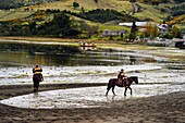 Chile,Region Los Lagos,Archipel von Chiloe,Insel Quinchao,Curaco de Velez,huasos (Reiter) mit chupalla und manta vor einer Parade