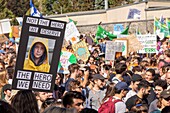 Canada, Province of Quebec, Montreal, the march for the climate, the procession, crowd wielding slogan signs, portrait of young activist Greta Thunberg