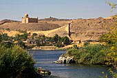 Egypt, Upper Egypt, Aswan, mausoleum of the Aga Khan on a hill on the left bank of the Nile from the tip of the island of flowers