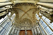 Switzerland, Canton of Vaud, Lausanne, city center, Notre Dame Cathedral, painted portal