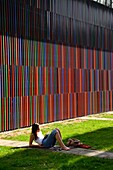 Germany, Bavaria, Munich, Brandhorst Museum by the architect firm Sauerbruch-Hutton exposing Contemporary art, facade made by 36 000 strips of multicolored ceramic