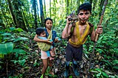 Ecuador,Tena,Lebenserfahrung mit den Waoranis des Rio Nushino,Jäger mit rotem Reh,Amazonas-Hirsch oder Mazama americana und Frau mit blauen Eiern des Großen Tinamu,oder Tinamus major