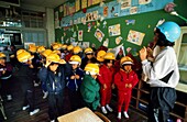 Japan, Kyushu, Kagoshima, Security and evacuation measure in Kagoshima schools at the foot of Sakurajima