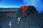 France, Reunion island, Piton de la Fournaise volcano, Volcanologist on the eruption of Piton de la Fournaise