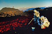 France, Reunion island, Piton de la Fournaise volcano, Volcanologist on the eruption of Piton de la Fournaise