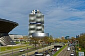 Germany, Bavaria, Munich, BMW Welt, showroom of the brand native from Munich opened in 2007, BMW Tower four-cylinder and BMW Museum, opened in 1973 and renovated in 2008