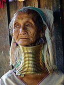 Myanmar, Kayah State, Loikaw, portrait of Kayan (padaung) long-neck lady