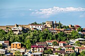 Georgien,Region Kachetien,befestigtes Dorf Sighnaghi,schneebedecktes Kaukasusgebirge im Hintergrund