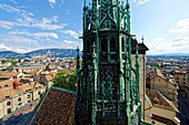 Switzerland, Geneva, Old Town, St. Pierre Cathedral built in the 13th century, the main protestant church since 1535, view of the city from the bell tower, the copper arrow