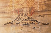 Japan, Kyushu, Kagoshima, Japanese print of a Sakurajima eruption