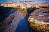 Iceland, Asturland, Vatnajökull glacier fractures seen from the sky during an eruption of the Vatnayökull subglacial volcano (aerial view)