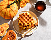 pumpkin, waffles, autumn, honey, breakfast, fall, food, dessert, snack, seasonal, cozy, homemade, squash, flowers, tea, plate, stack, golden, syrup, sweet, brunch, rustic, kitchen, tasty, natural, harvest, warm, inviting, fresh, table, light, healthy, cooking, homemade, yellow, holiday, decoration, meal, delicious, morning, nutrition, treat, baking, dish, simple, seasonal, honeycomb, cozy, orange, homemade, falltime, vi