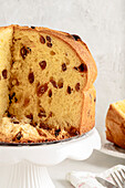 Panettone. Traditional Italian cake for Christmas. Some of the ingredients are sultanas, sultanas, butter, eggs, sugar, flour and candied fruit