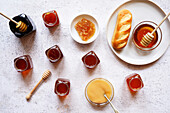 Selection of Australian honey, including Yellowbox, Ironbark, Macadamia, Rainforest, Tea Tree, Manuka, Creamed Honey and Honeycomb.