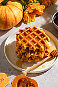 pumpkin, waffles, autumn, honey, breakfast, fall, food, dessert, snack, seasonal, cozy, homemade, squash, flowers, tea, plate, stack, golden, syrup, sweet, brunch, rustic, kitchen, tasty, natural, harvest, warm, inviting, fresh, table, light, healthy, cooking, homemade, yellow, holiday, decoration, meal, delicious, morning, nutrition, treat, baking, dish, simple, seasonal, honeycomb, cozy, orange, homemade, falltime, vi