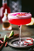 A close shot of a sophisticated alcoholic beverage, featuring a textured stemmed coupe cocktail glass with colorful red liquor with a foamy top, rhubarb and pink berry powder garnish