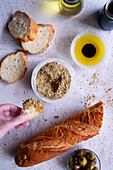 Dukkah made from Australian throat seeds, served with olive oil and balsamic vinegar and crusty baguette bread