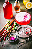 Beautiful pink cocktail with frothy top in coupe glass with sprinkled berry powder garnish, fresh rhubarb stalks and syrup in background