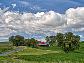USA, Washington State, Palouse. Bright red barn on a farm in the Palouse countryside. (Editorial Use Only)