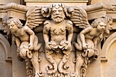 Detail of Corinthian columns and entablature, Baroque facade, Church of Santa Croce, Lecce, Salento, Puglia, Italy, Europe