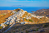 View of Chora village and the port of Livadi and Sifnos island in the distance, Chora, Serifos Island, Cyclades, Greek Islands, Greece, Europe