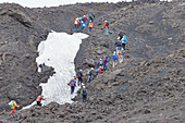 Group of hikers walking up to Mount Etna summit, UNESCO World Heritage Site, Etna, Sicily, Italy, Mediterranean, Europe