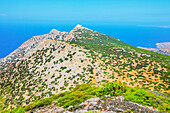 View of Prophet Elias Monastery perched on the top of Sifnos Island northern coast, Sifnos Island, Cyclades, Greek Islands, Greece, Europe