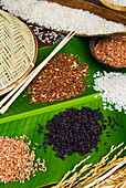 Various types of rice including black, arborio, basmati, red and parboiled on a banana leaf, Florence, Tuscany, Italy, Europe