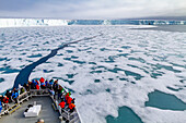 The Lindblad Expedition ship National Geographic Explorer at Austfonna in the Svalbard Archipelago, Norway, Arctic, Europe