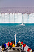 The Lindblad Expedition ship National Geographic Explorer at Austfonna in the Svalbard Archipelago, Norway, Arctic, Europe